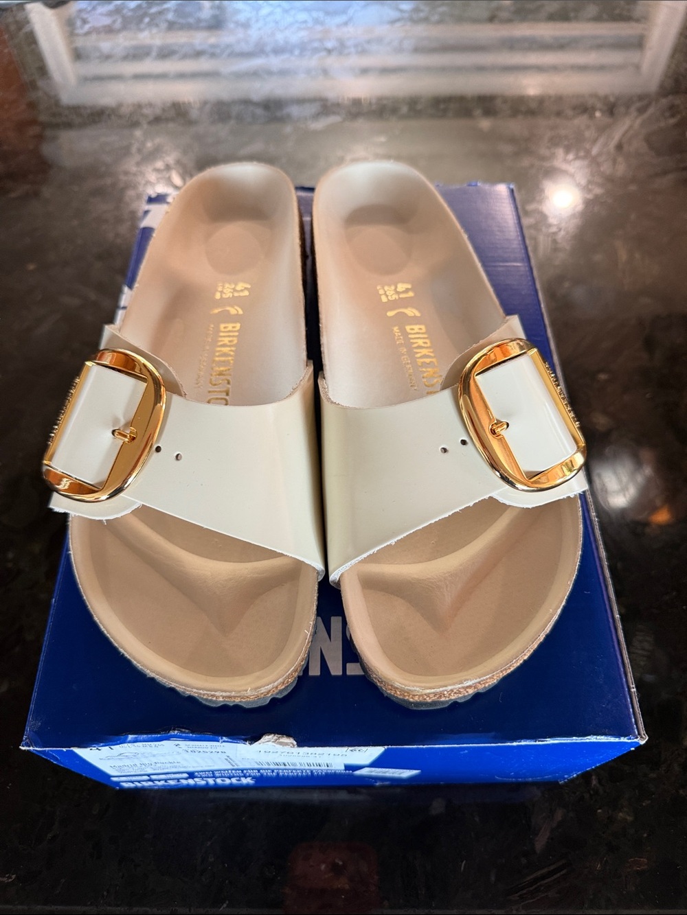 Birkenstock White Madrid Gold Buckle Slide Sandals